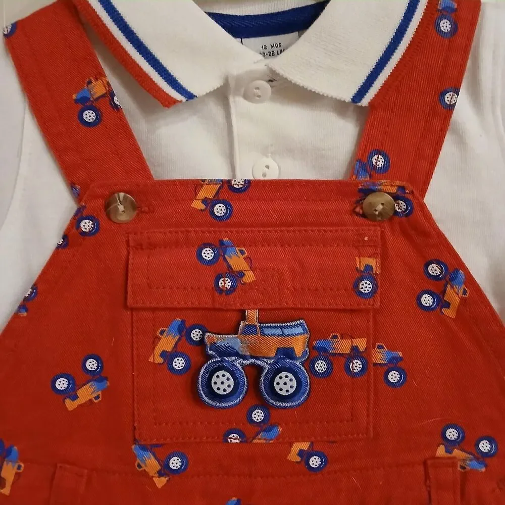NWT Y2K vintage red monster truck bib cargo overalls matching polo shirt 12 mo